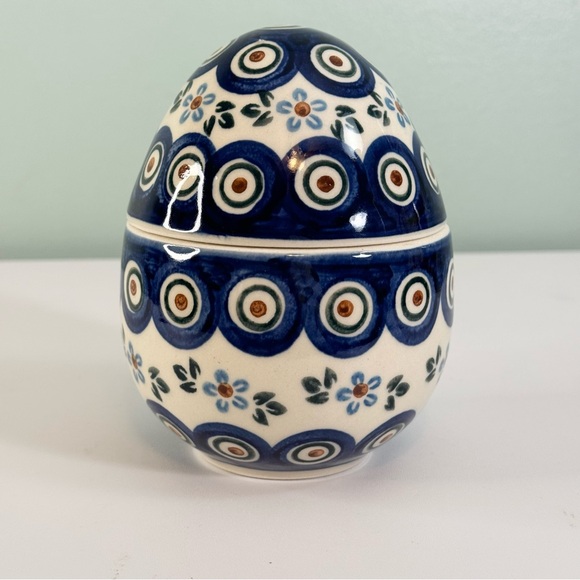 Boleslawiec Polish Pottery Easter Egg Container Candy 5” Handmade White Blue - Picture 4 of 10
